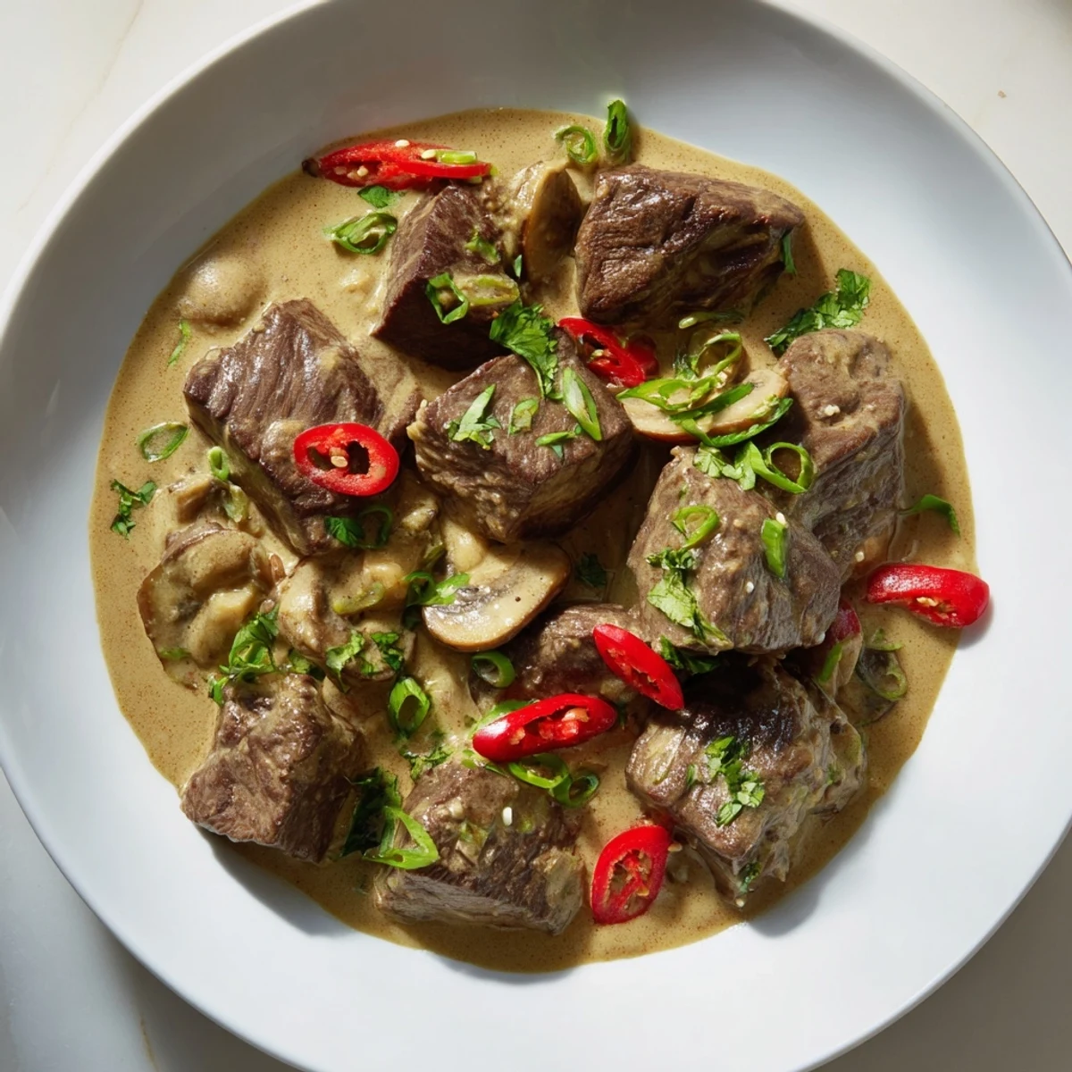 A close-up of the Lemongrass Coconut Braised Beef with Mushrooms, showing tender chunks of beef and earthy mushrooms in a creamy, aromatic coconut sauce.