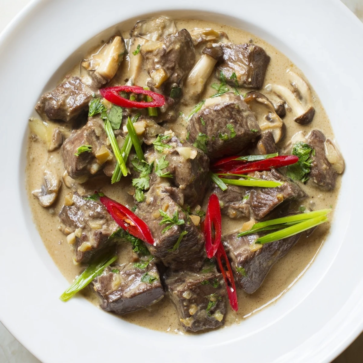 Fresh cilantro and sliced scallions garnish the Lemongrass Coconut Braised Beef with Mushrooms, served steaming hot in a rustic white bowl.