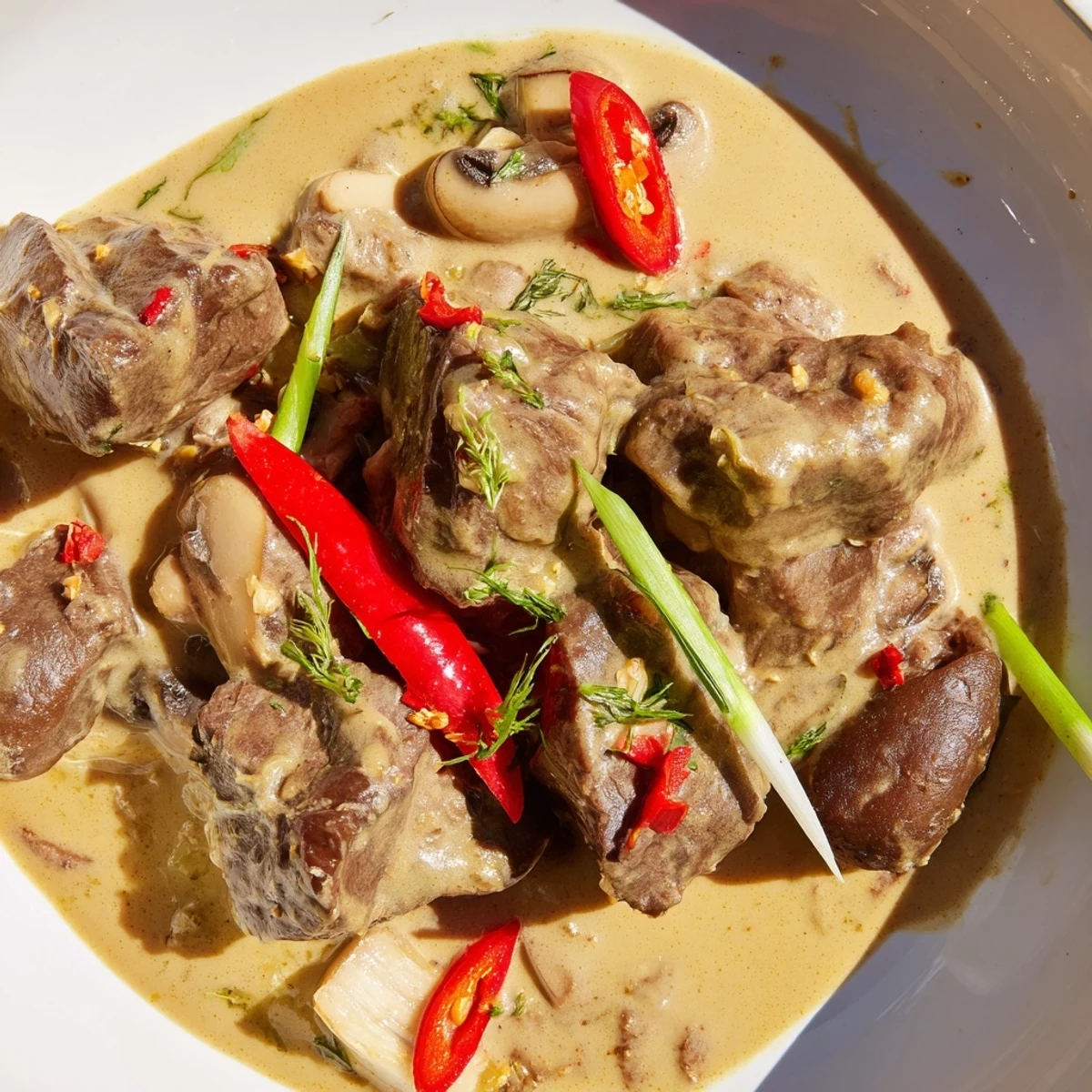 A rustic Dutch oven holds the finished Lemongrass Coconut Braised Beef with Mushrooms, featuring carrots and mushrooms simmered to perfection.