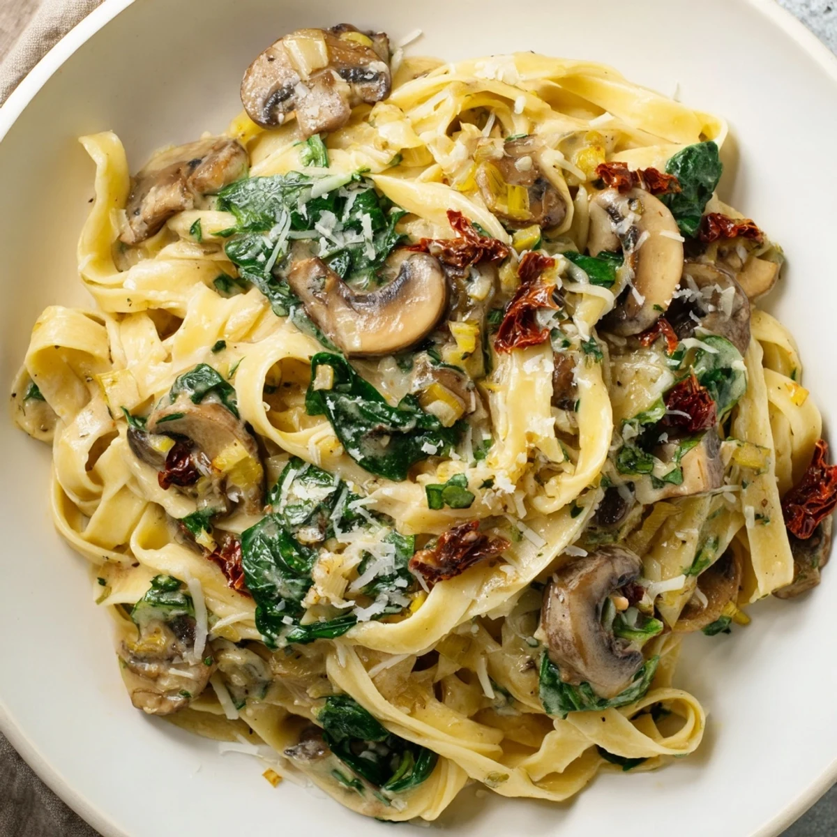 Freshly cooked Creamy Tuscan Mushroom Pasta Skillet in a cast iron pan garnished with basil.