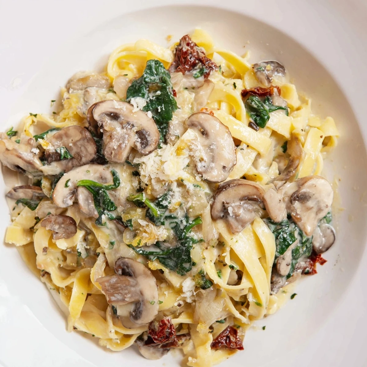 Creamy Tuscan Mushroom Pasta Skillet garnished with fresh basil and served with crusty bread.