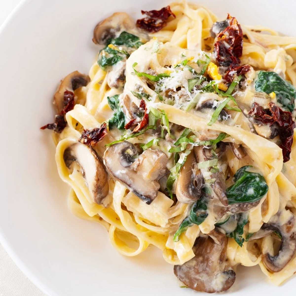 Ladle serving Creamy Tuscan Mushroom Pasta Skillet from skillet onto a white plate.