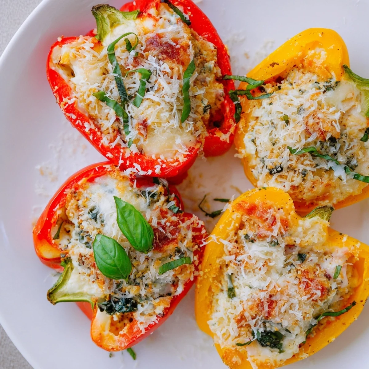 Golden baked ricotta stuffed peppers with melted mozzarella and fresh basil garnish on a rustic table.  