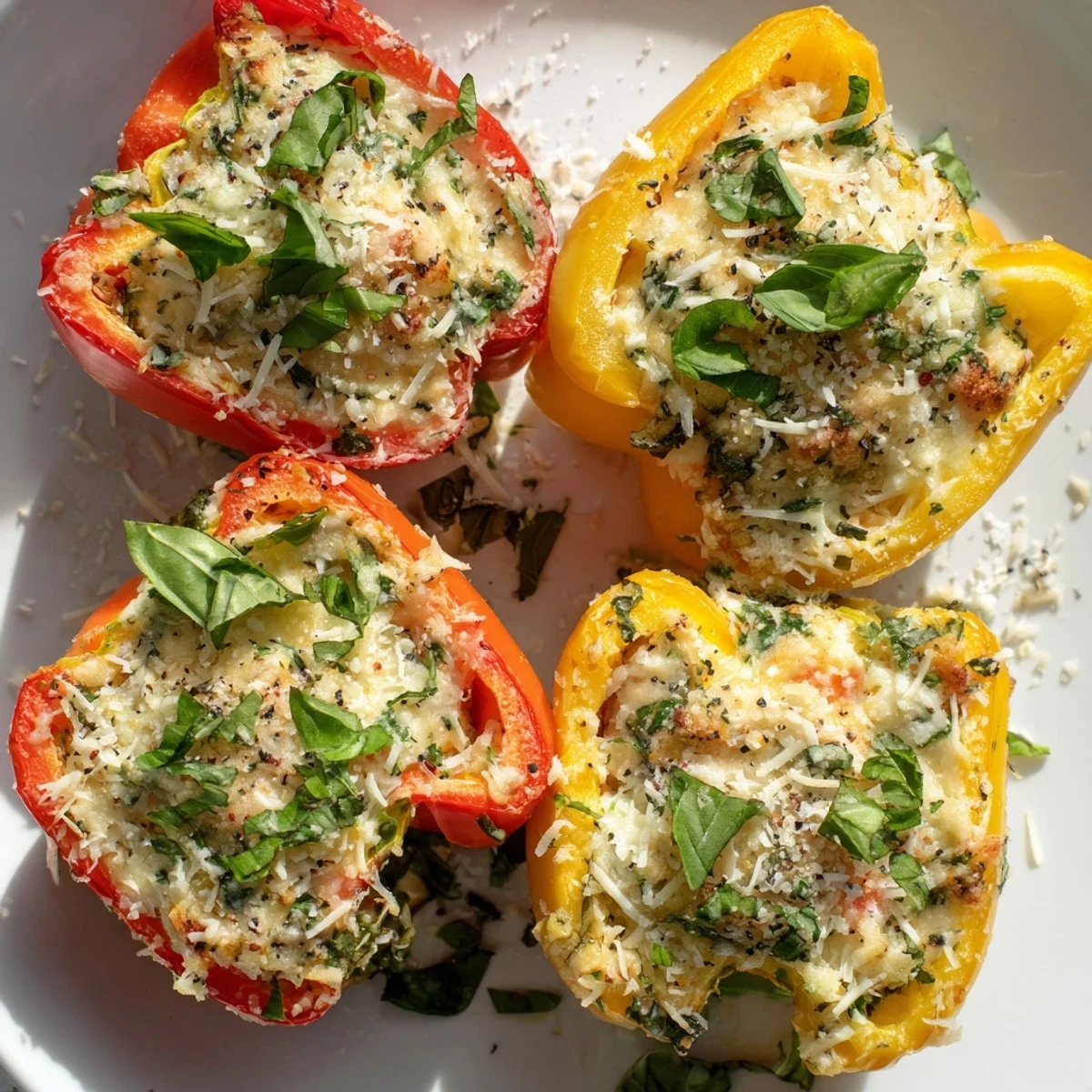 Close-up of creamy ricotta filled bell peppers, topped with Parmesan and herbs, served on a white plate.  