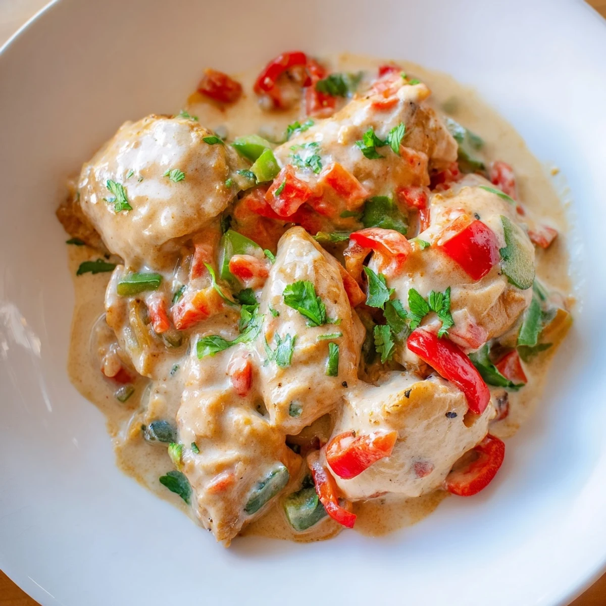 A steaming bowl of Brazilian Coconut Chicken served over fluffy white rice, garnished with fresh cilantro.