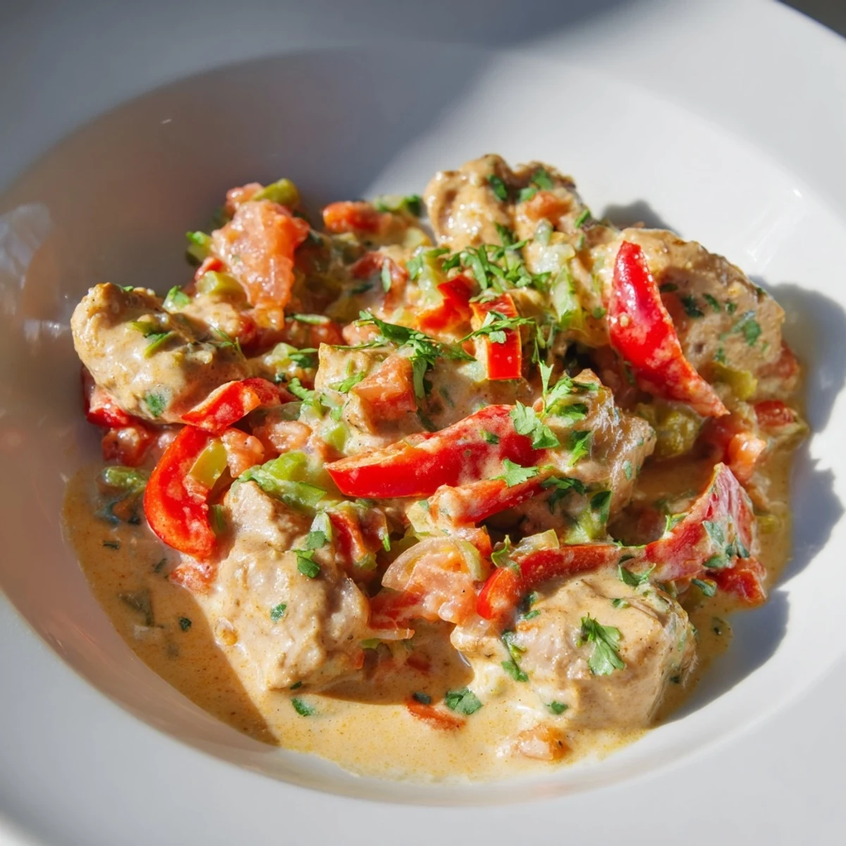 Close-up of tender chicken coated in a fragrant, spiced Brazilian Coconut Chicken sauce with a lime wedge.
