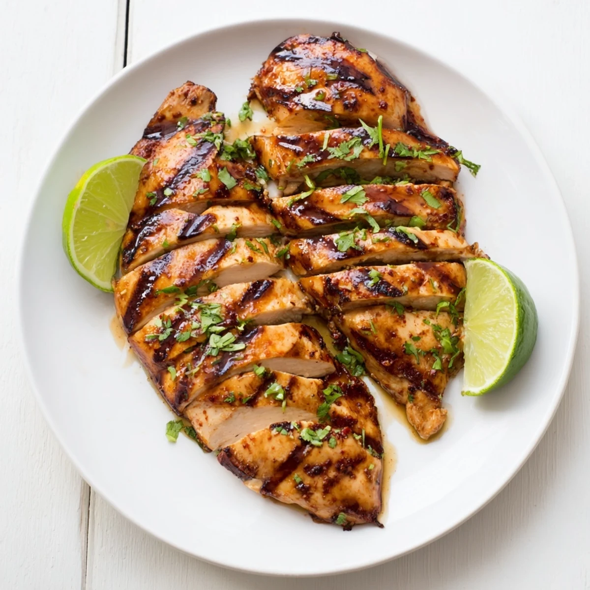 Juicy grilled spicy honey lime chicken with a glossy glaze and char marks, paired with rice and vegetables.