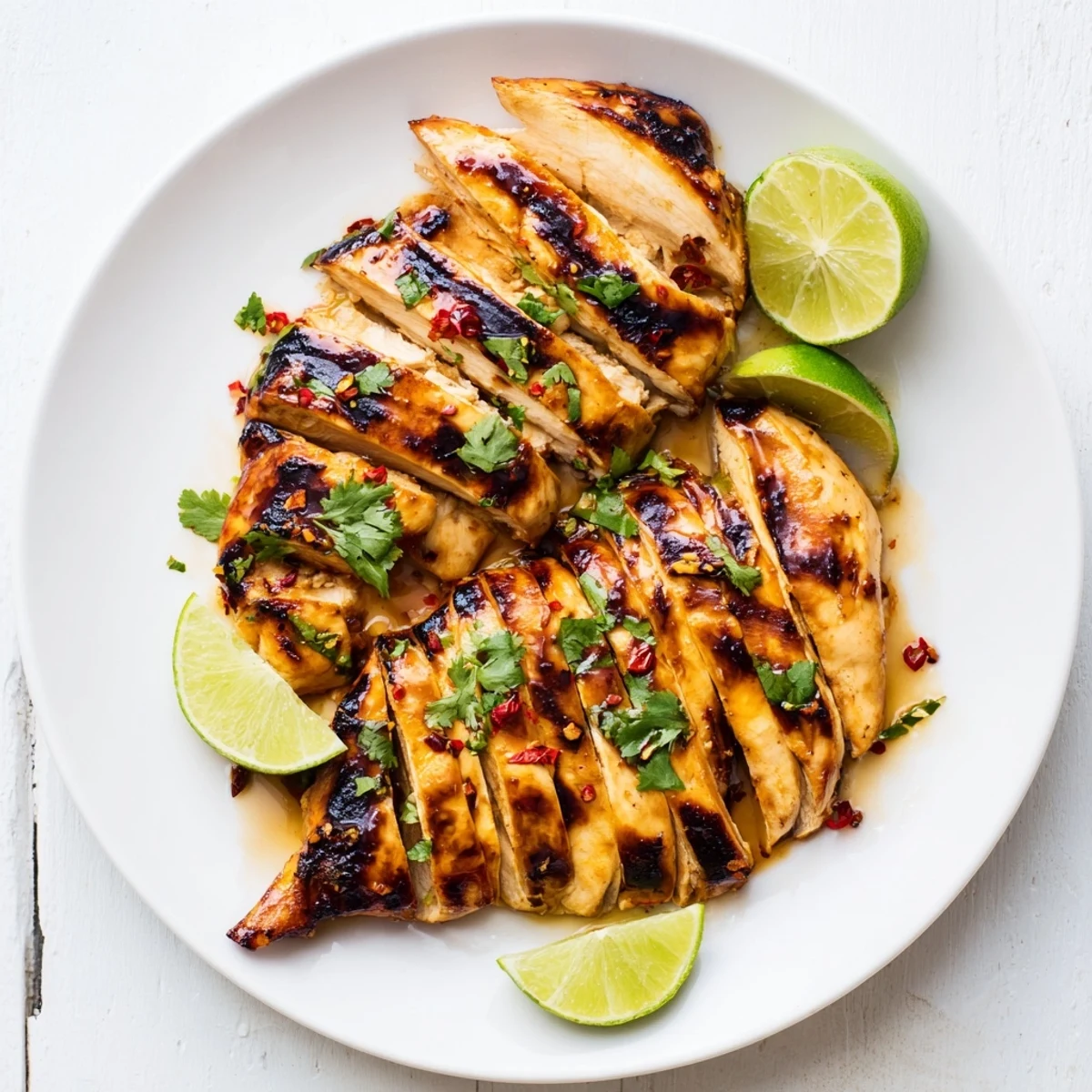 Grilled spicy honey lime chicken breasts garnished with fresh cilantro and lime wedges, served on a plate.