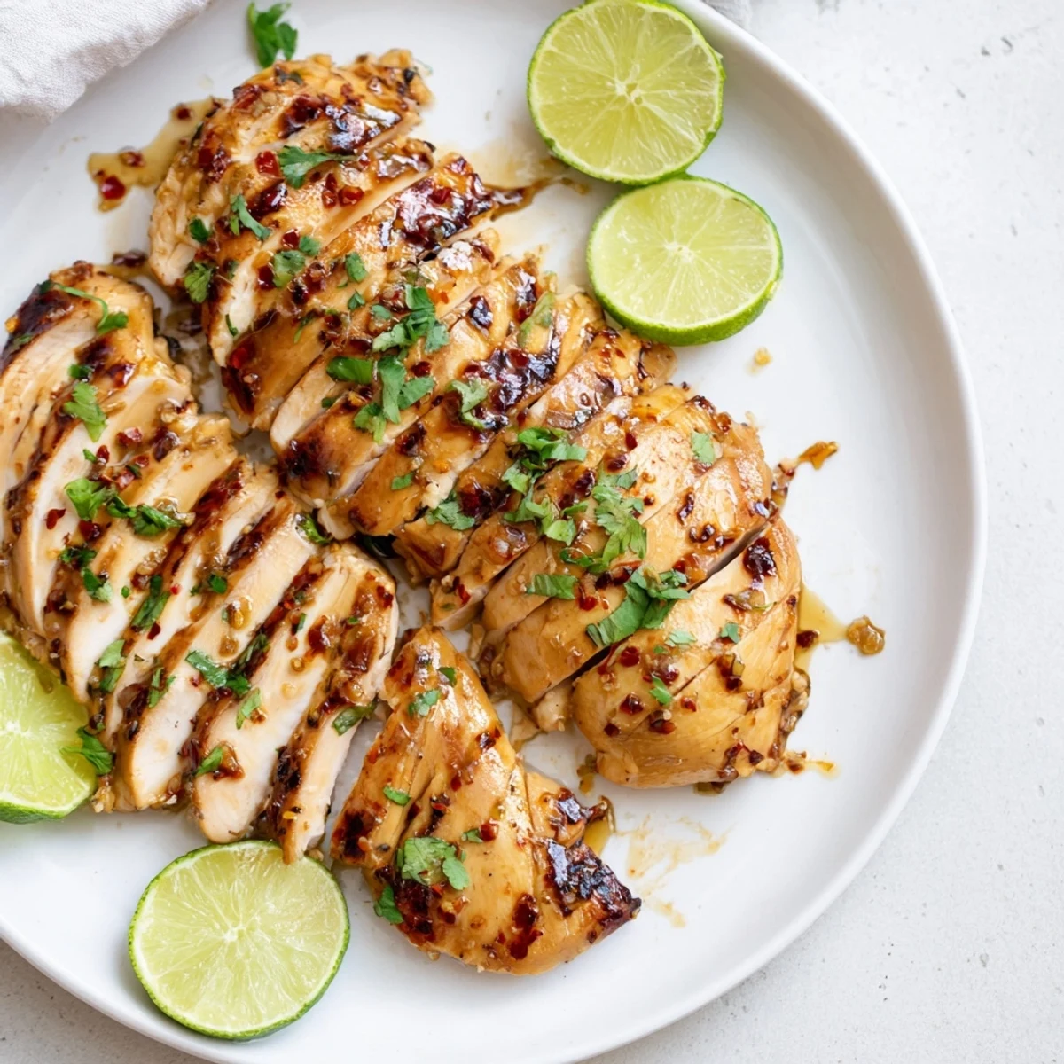 A close-up of sliced spicy honey lime chicken revealing tender, succulent interior, topped with chopped cilantro.