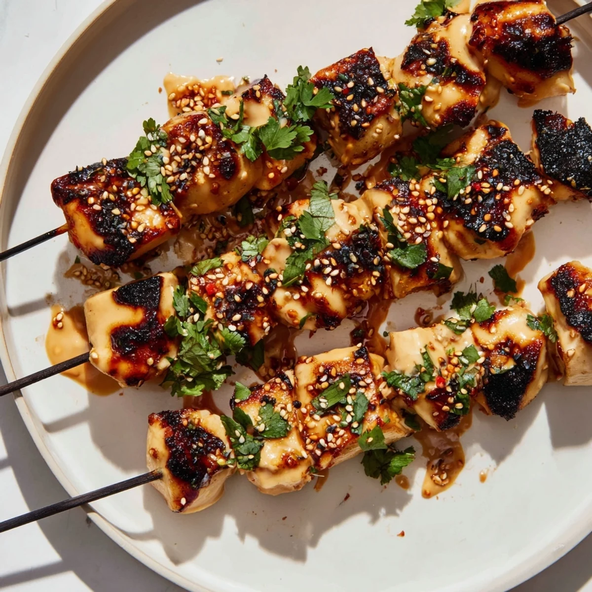Golden-brown Bang Bang Chicken Skewers glistening with creamy, spicy-sweet sauce, garnished with fresh cilantro and sesame seeds.