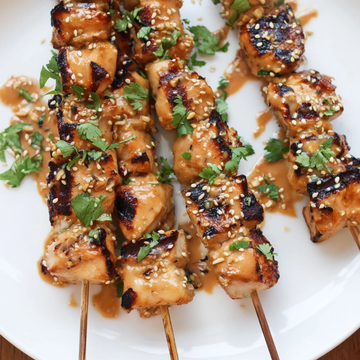 Perfectly grilled Bang Bang Chicken Skewers served on a platter with lime wedges and scallions for dipping.