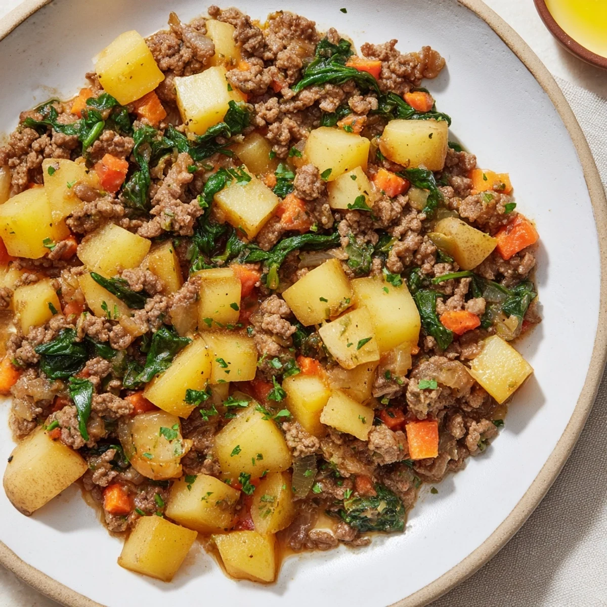 Creamy cheddar-topped High Protein Ground Beef and Potatoes served hot in a skillet garnished with fresh parsley.  