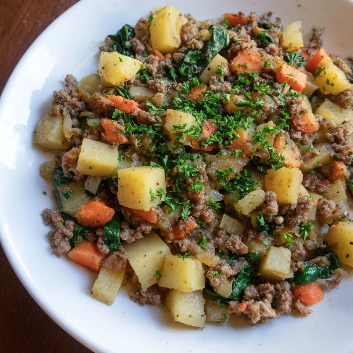 Close-up of High Protein Ground Beef and Potatoes showing seasoned beef, diced potatoes, and melted cheese on top.