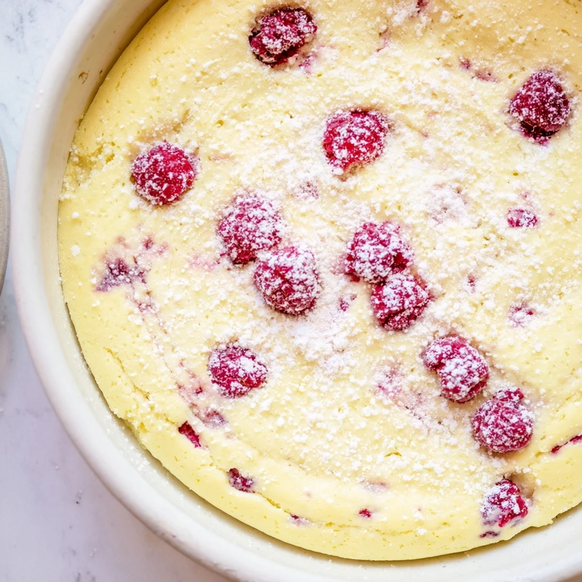 A close-up of Lemon Raspberry Cottage Cheese Bake with golden edges and fresh raspberries on top, served on a rustic plate.