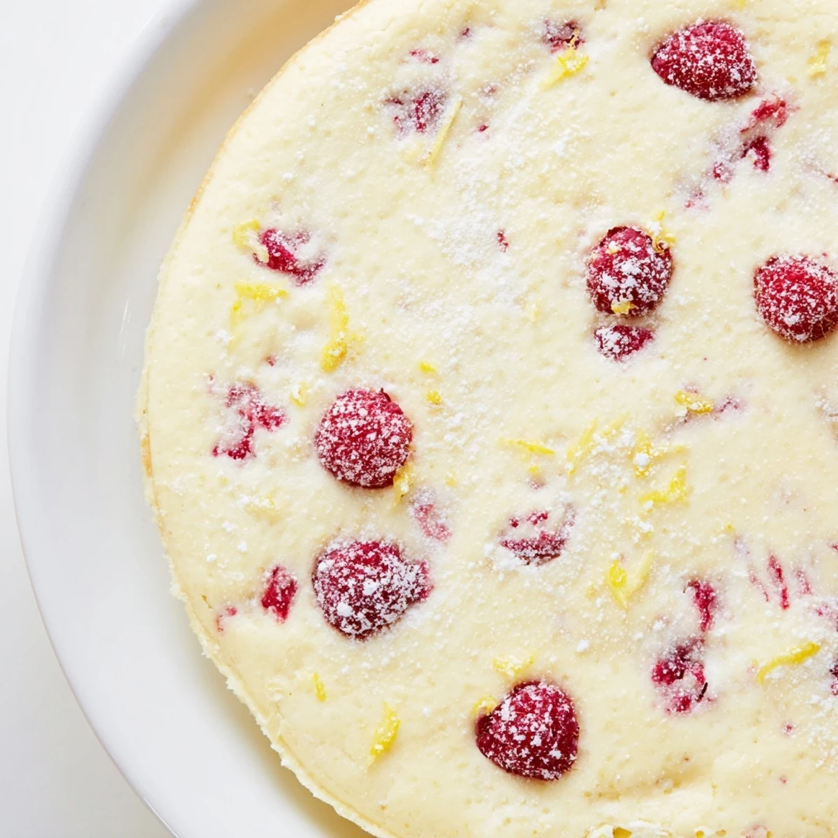 The baked dessert features creamy texture with vibrant raspberry swirls in a round Lemon Raspberry Cottage Cheese Bake.