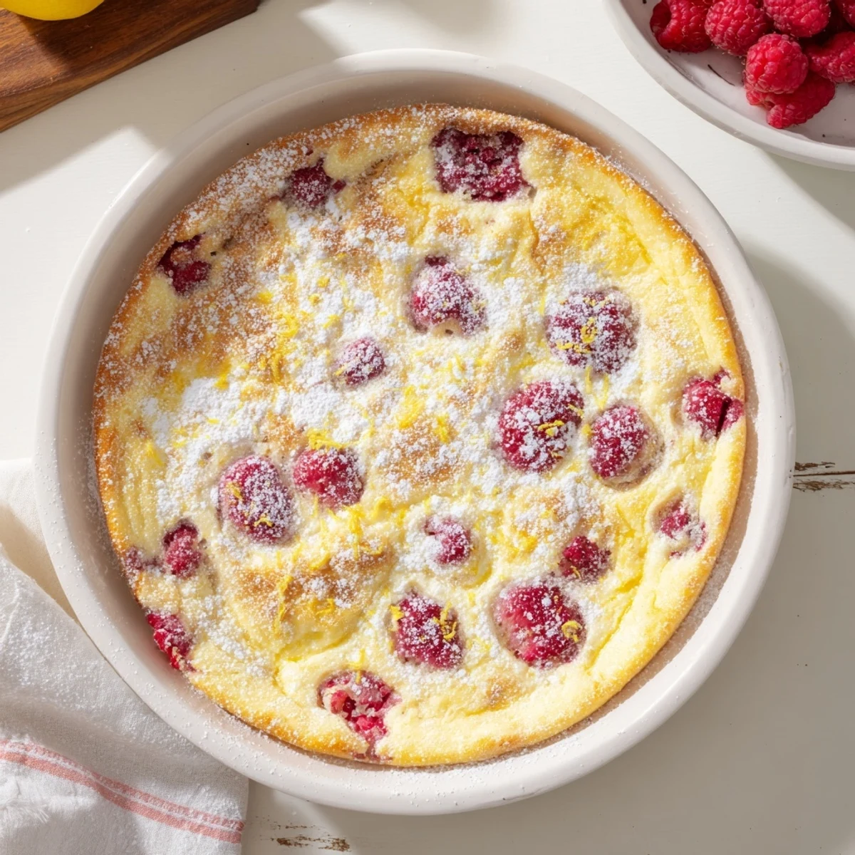 Lemon Raspberry Cottage Cheese Bake slices are shown on a white ceramic dish with powdered sugar dusting and mint garnish.