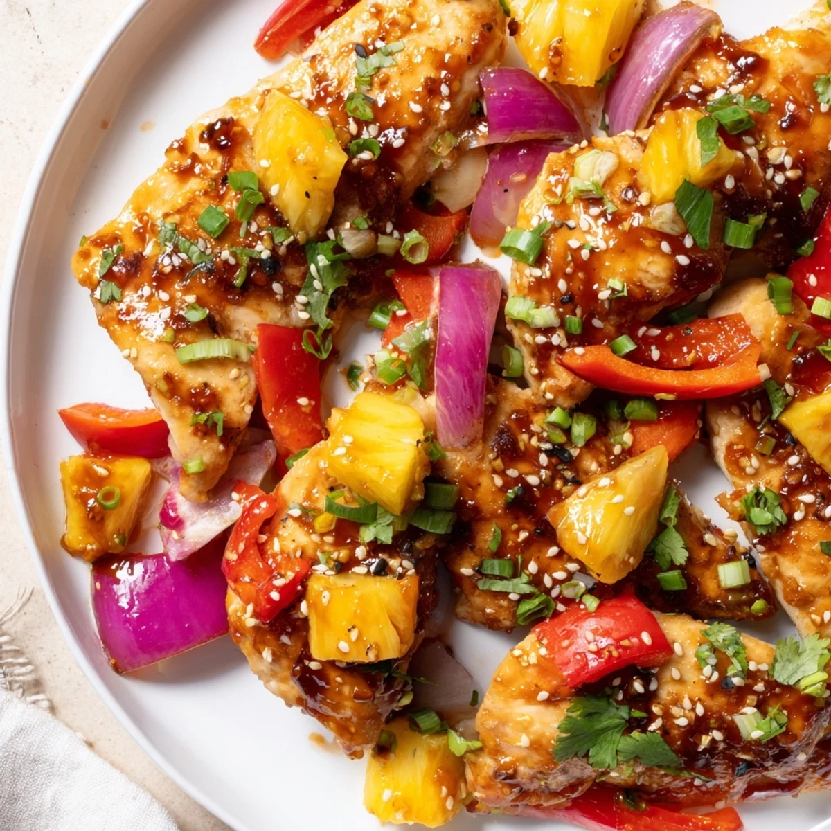 Golden-brown chicken breasts glazed with tangy Hawaiian sauce on a sheet pan with roasted pineapple and colorful bell peppers in the Marry Me Sheet Pan Hawaiian Chicken.