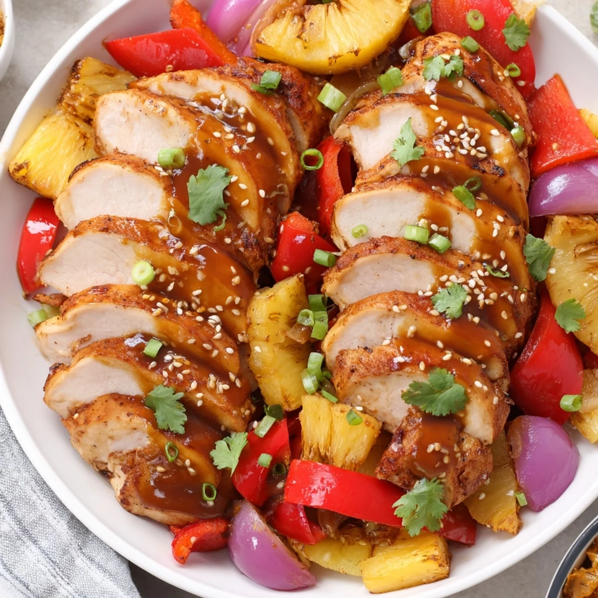 Close-up of juicy Marry Me Sheet Pan Hawaiian Chicken pieces garnished with fresh cilantro and sesame seeds, showing the sweet and savory sauce coating the dish.
