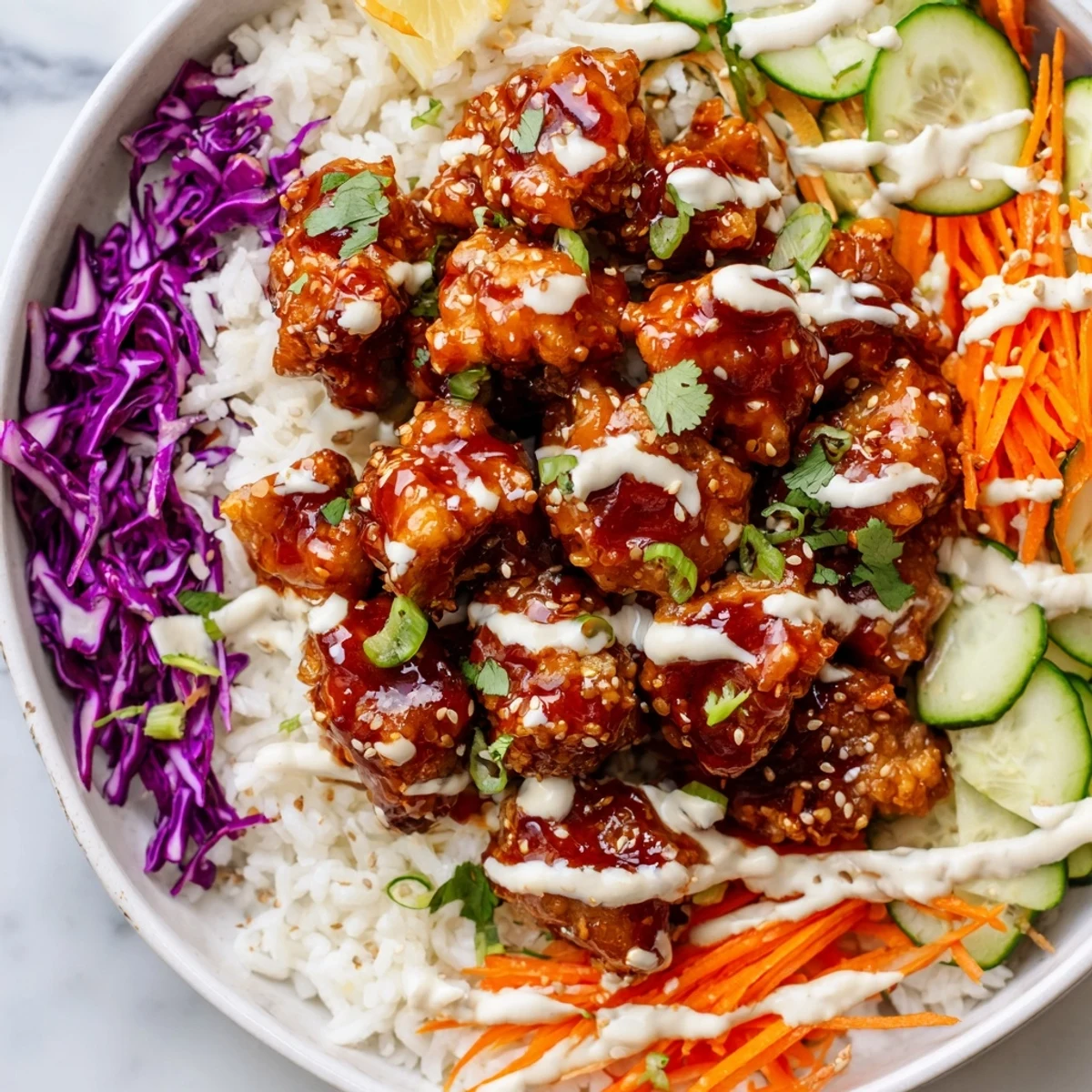 A bowl of Marry Me Sweet Chili Chicken Bowl with Coconut Lime Drizzle features glossy, glazed chicken nestled on fluffy jasmine rice.