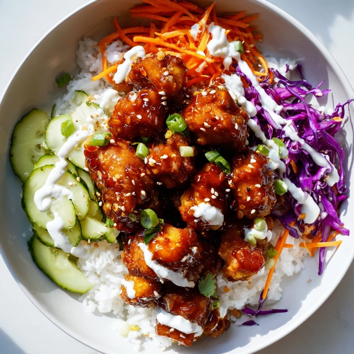 Golden sweet chili chicken, crisp purple cabbage, carrots, and cucumber are topped with a creamy coconut lime drizzle.