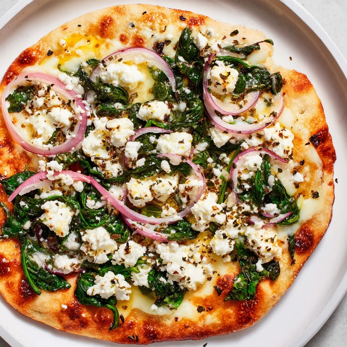 Freshly baked Spinach and Feta Flatbread Pizza with melted mozzarella and crisp edges on a wooden board.