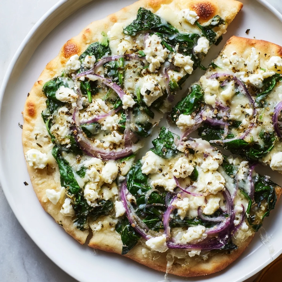 A close-up view of a Mediterranean Spinach and Feta Flatbread Pizza topped with vibrant spinach and red onion slices.