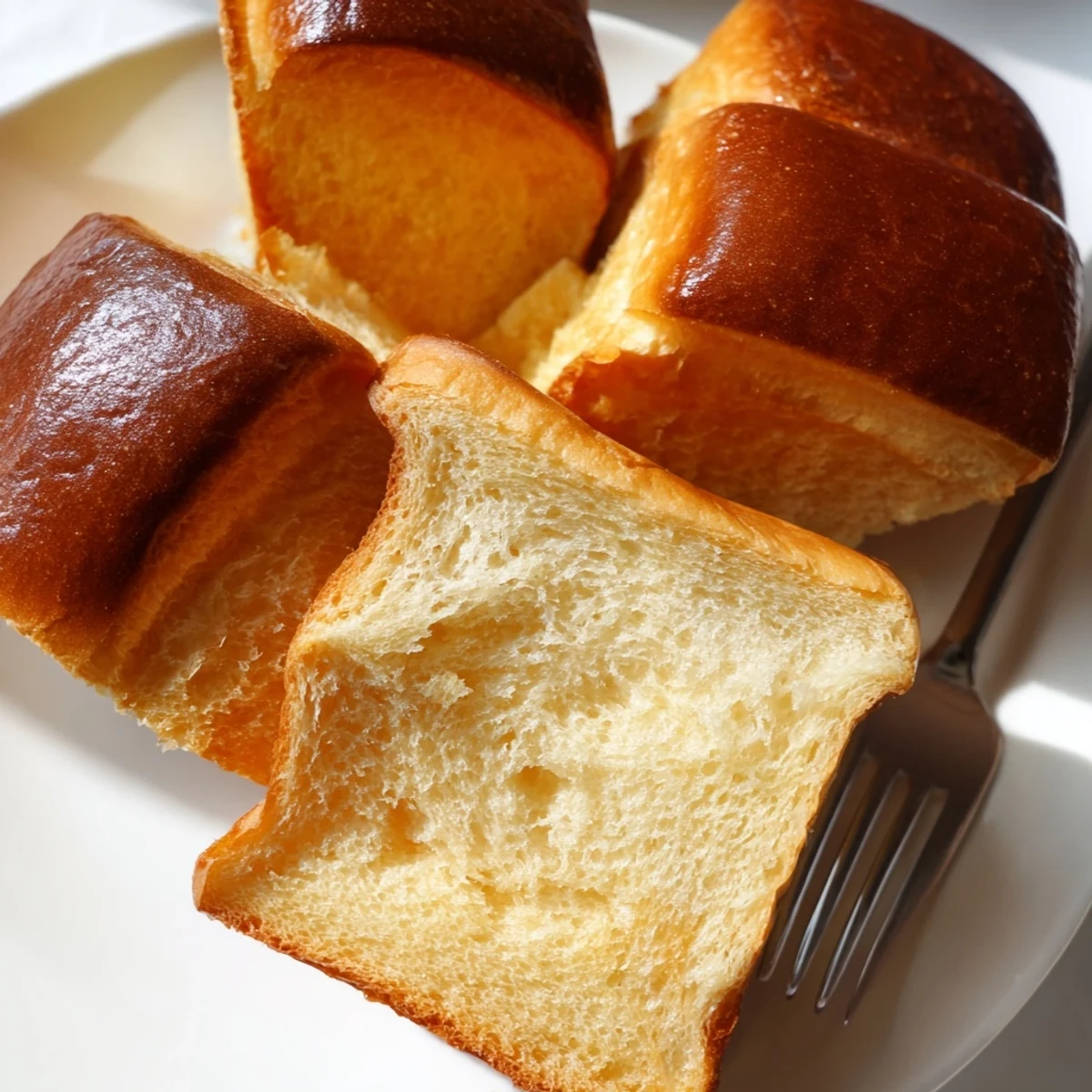 A freshly baked Milk Brioche loaf with a golden crust and soft, buttery interior sliced on a wooden board.