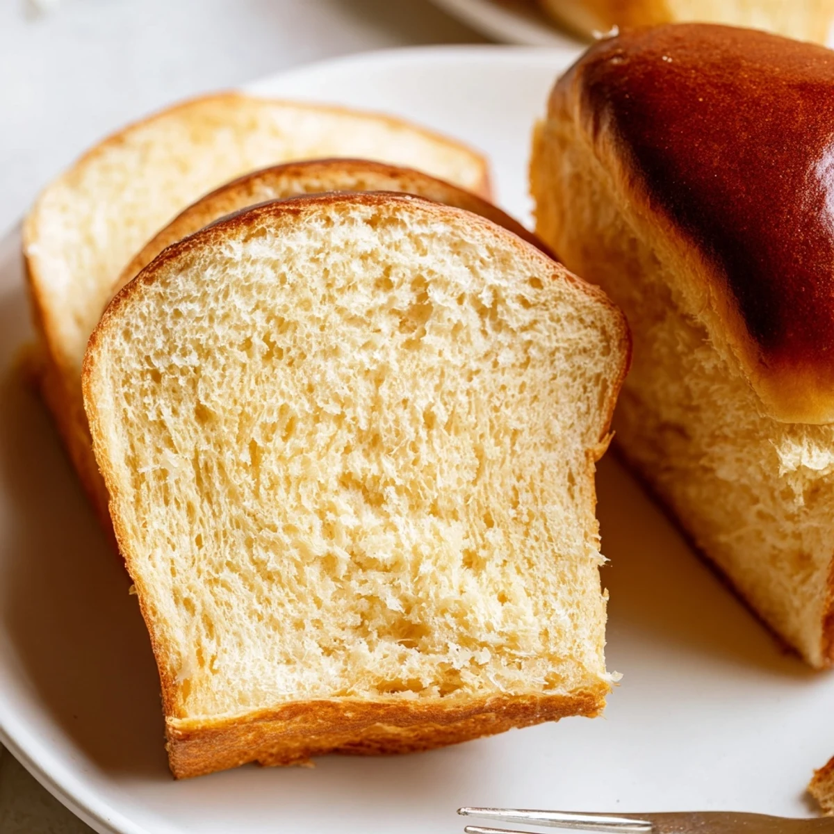 Warm slices of Milk Brioche bread served with a pat of butter and strawberry jam on a rustic plate.