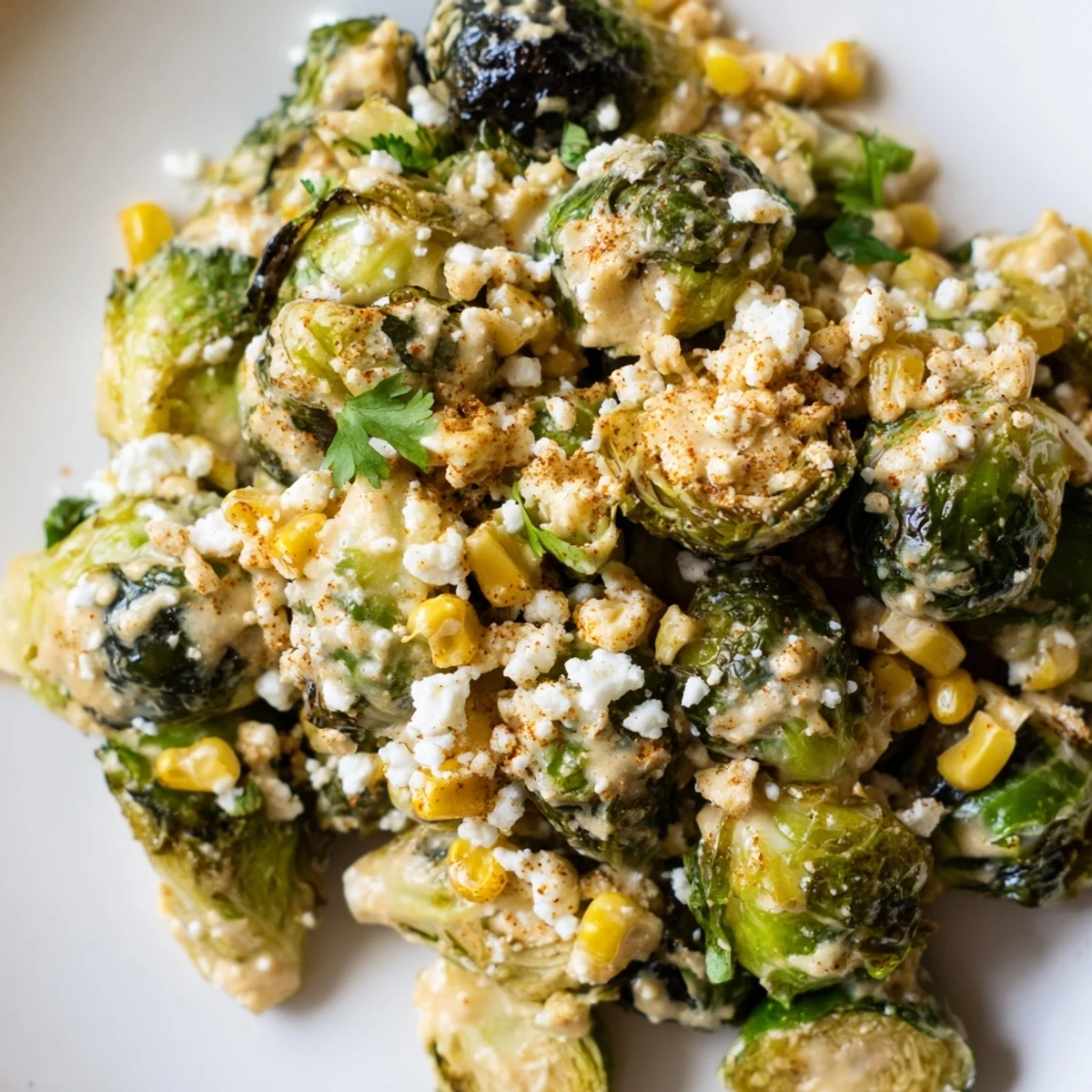 Golden roasted Brussels sprouts and charred corn tossed in a creamy chili-lime sauce for Mexican Street Corn Brussels Sprouts Delight.