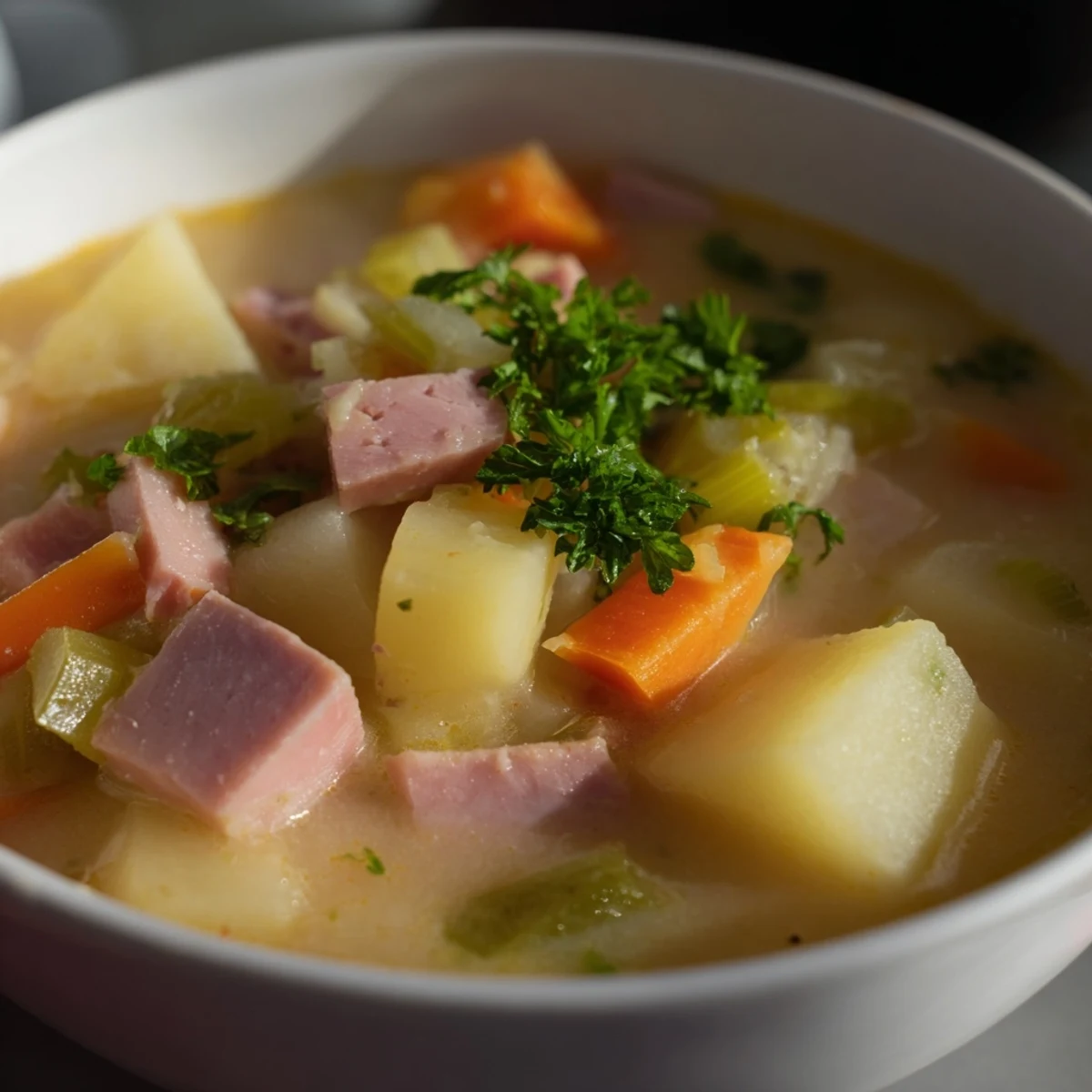 Creamy Light Ham & Potato Chowder in a rustic bowl, garnished with fresh parsley and served alongside crusty bread for dipping.