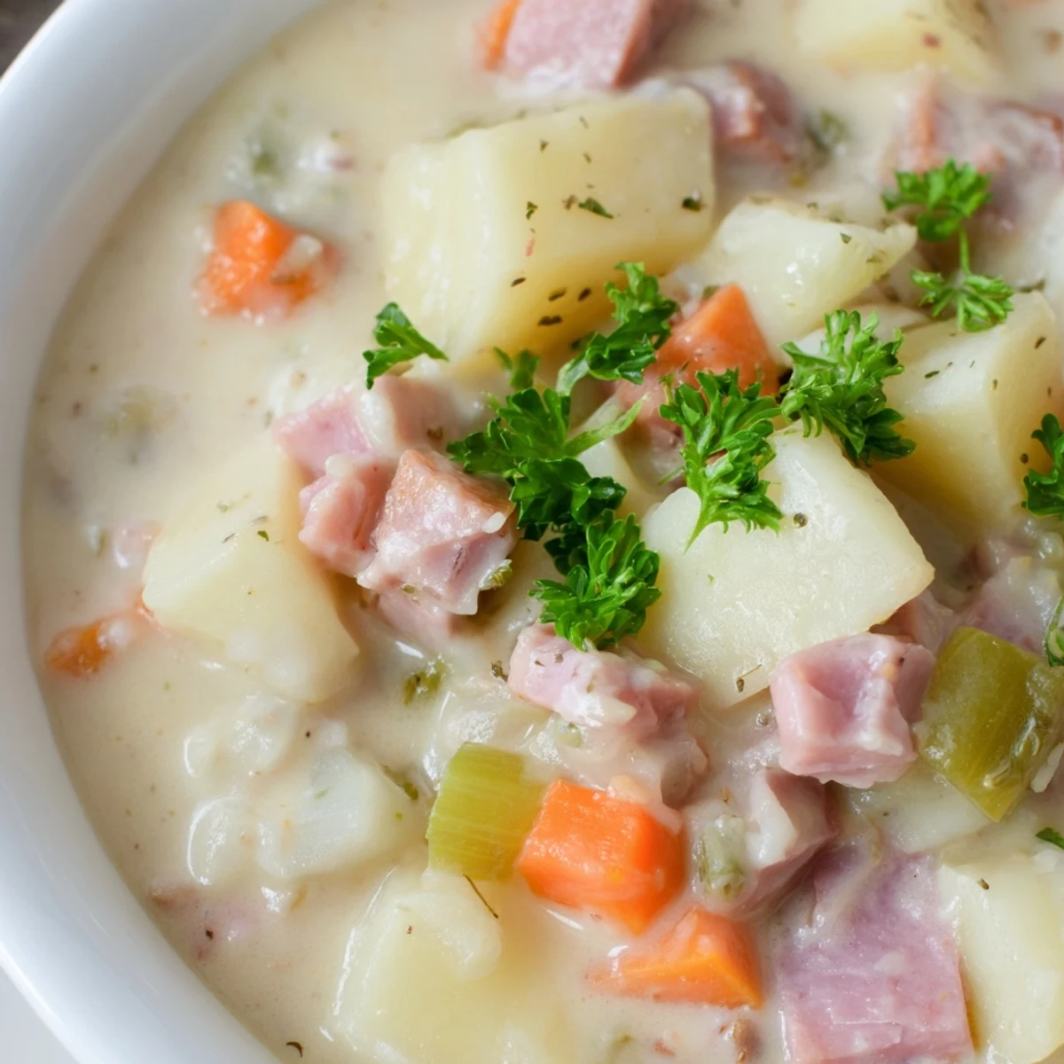 Close-up of Light Ham & Potato Chowder showing golden broth, soft vegetables, and fresh thyme for a cozy, comforting meal.