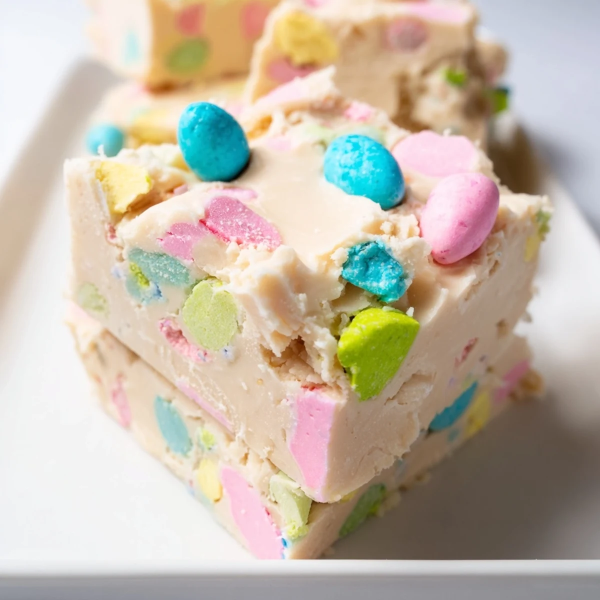 Close-up of Easter Fudge squares showcasing creamy texture and colorful pastel candy eggs on top.  