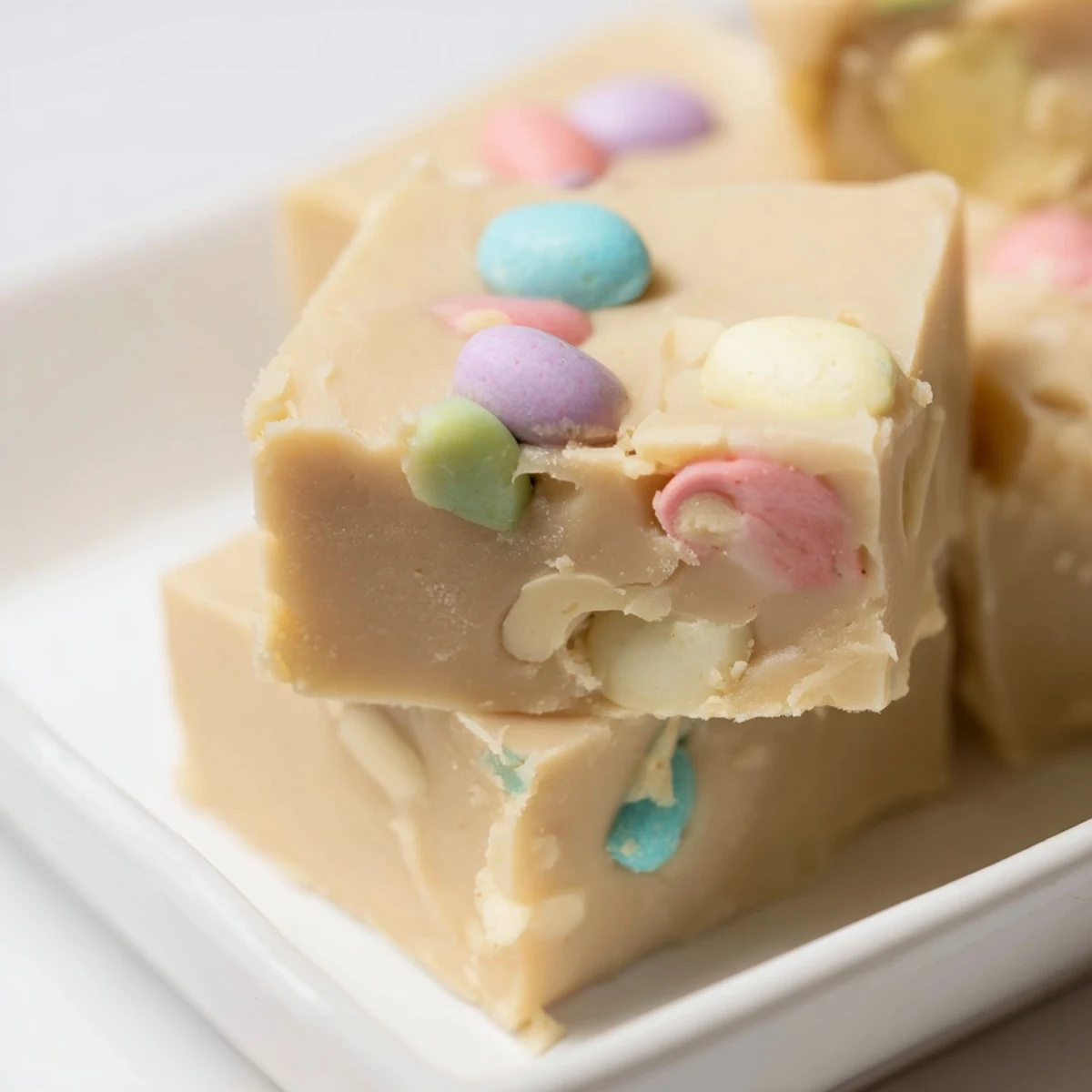 A stack of Easter Fudge pieces with pastel sprinkles, ideal for spring dessert platters.  