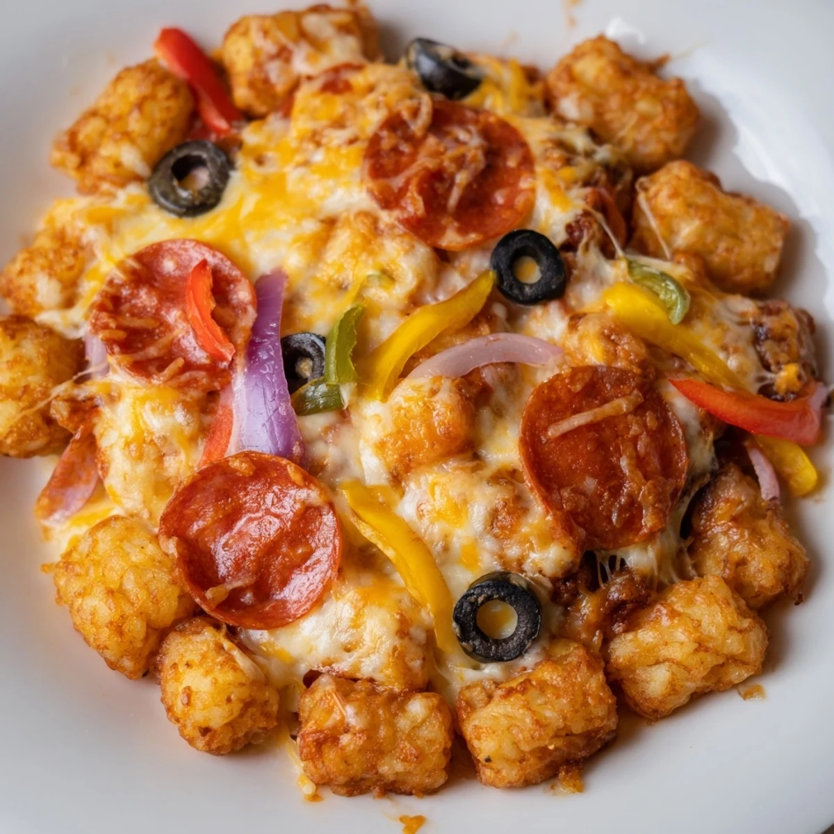 Golden brown, crispy tater tots loaded with Cheesy Pizza Tot Casserole, melty mozzarella, and classic pepperoni slices. 