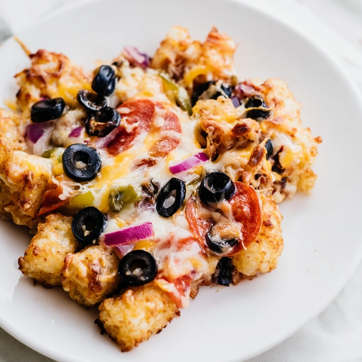 A bubbling skillet of Cheesy Pizza Tot Casserole topped with red bell peppers and olives, ready to serve. 