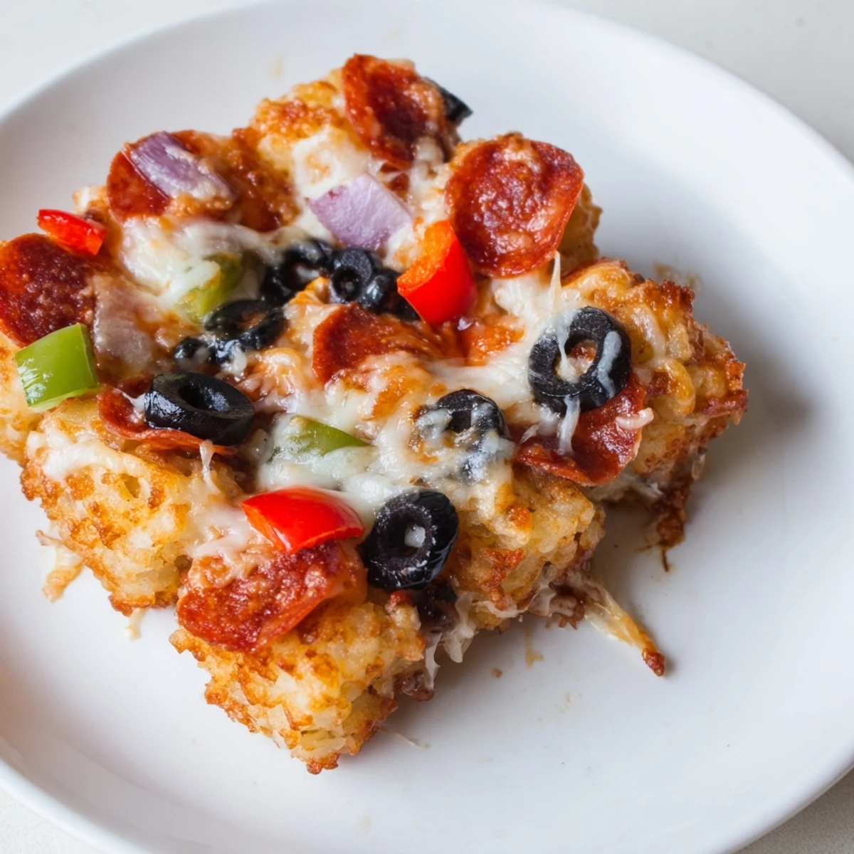 Family-style Cheesy Pizza Tot Casserole on a wooden table, featuring golden cheese crust and savory pizza toppings.