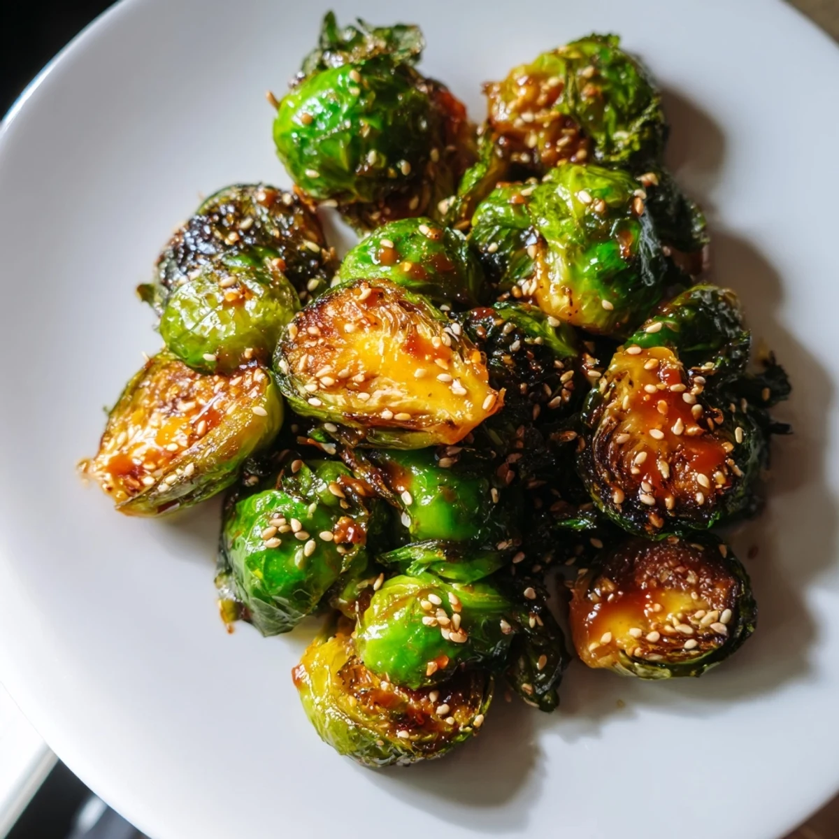 Honey Sriracha Brussels sprouts tossed in a sticky glaze and topped with sesame seeds for extra crunch.