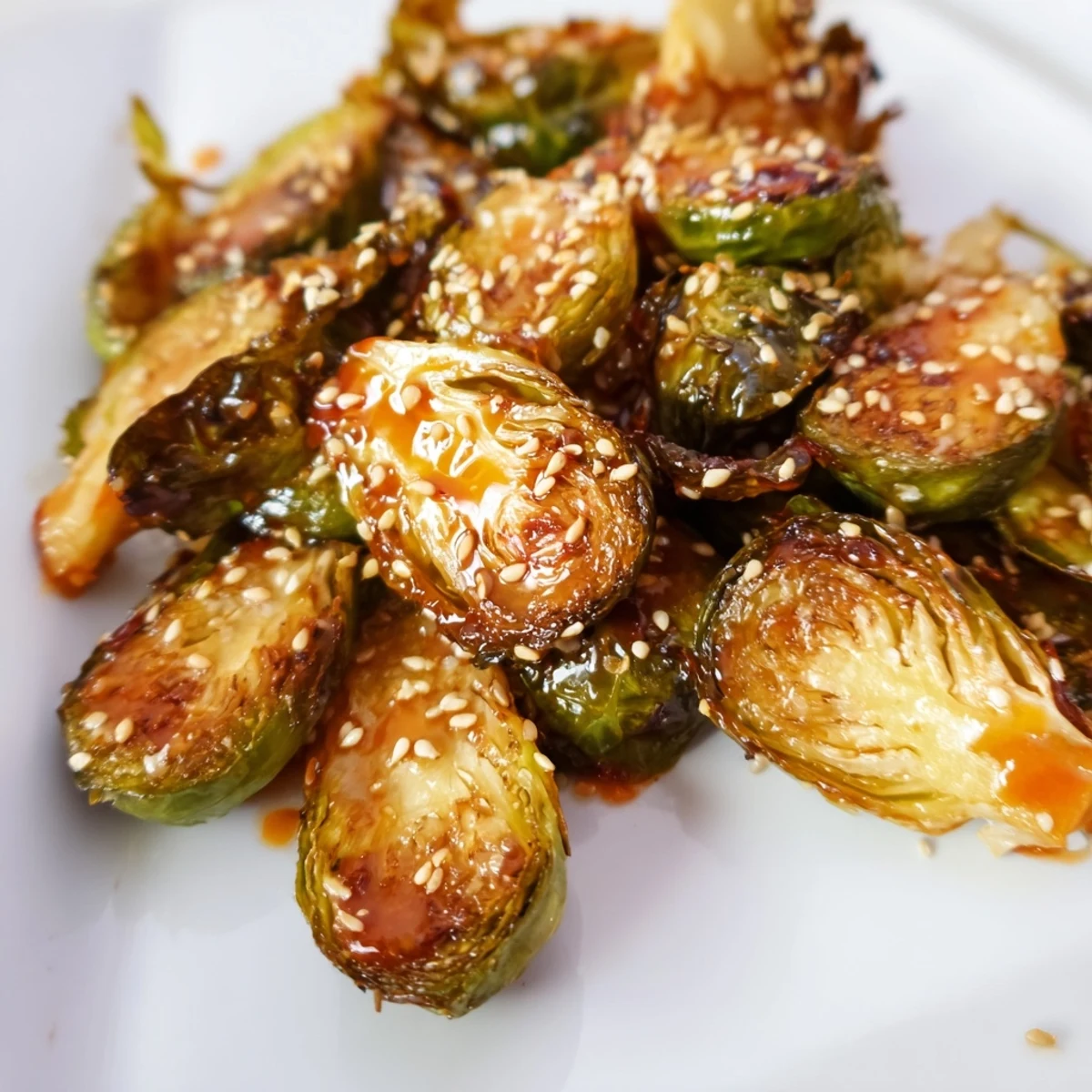 Oven roasted Honey Sriracha Brussels sprouts glazed to crispy perfection with a spicy-sweet finish, served hot.