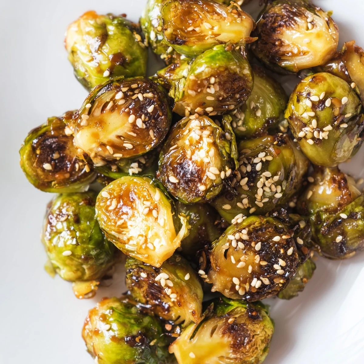 A vibrant bowl of Honey Sriracha Brussels sprouts garnished with cilantro, ideal as a savory side dish.