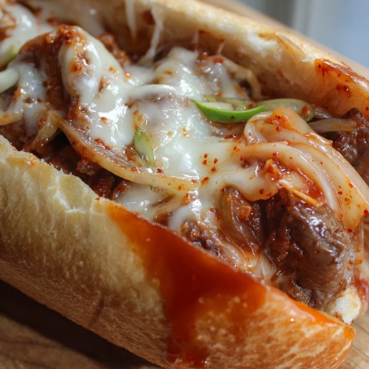 Golden-brown toasted hoagie rolls stuffed with bulgogi beef and spicy kimchi, melted provolone dripping onto the plate in a Korean fusion cheesesteak.