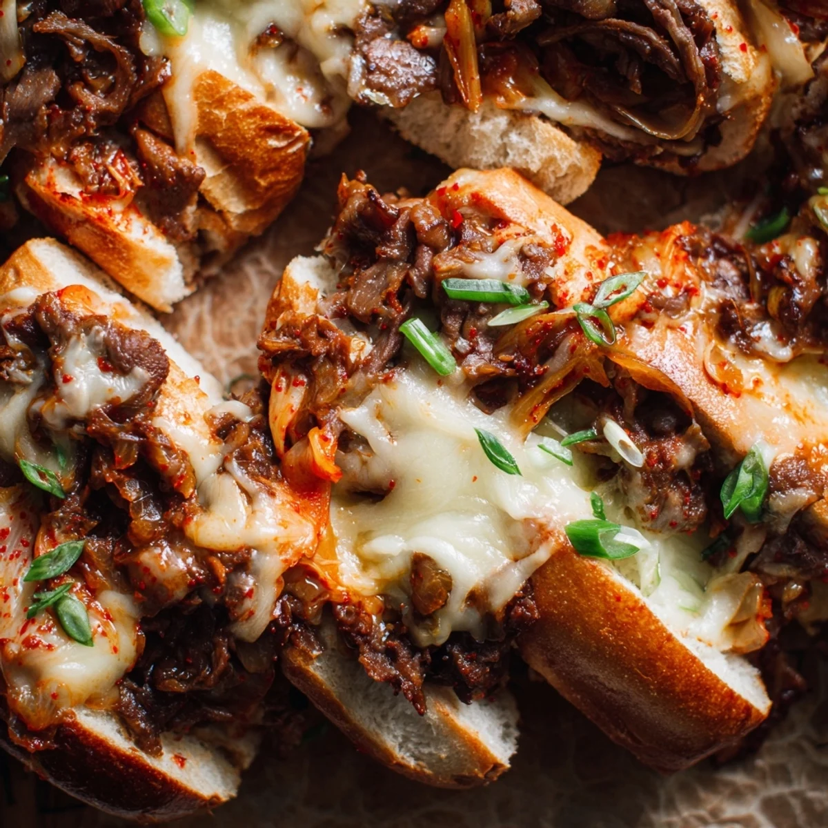 Sizzling bulgogi beef and chopped kimchi mixture piled high on a hoagie roll, ready to be devoured as a hearty Korean-American dinner.