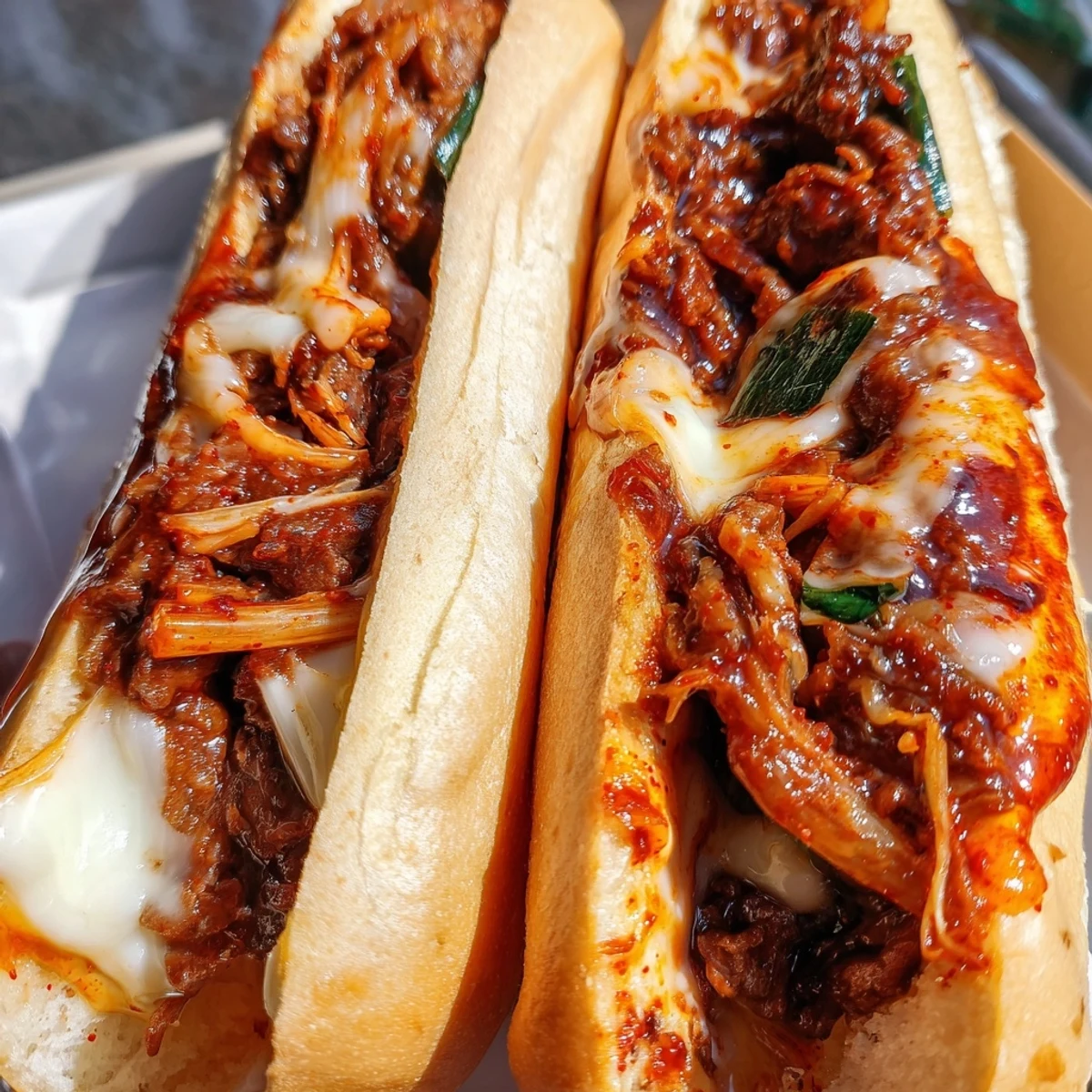 A close-up view of the Irresistible Korean Kimchi Bulgogi Cheesesteak, highlighting the tender beef ribbons and vibrant green onions on a wooden board.