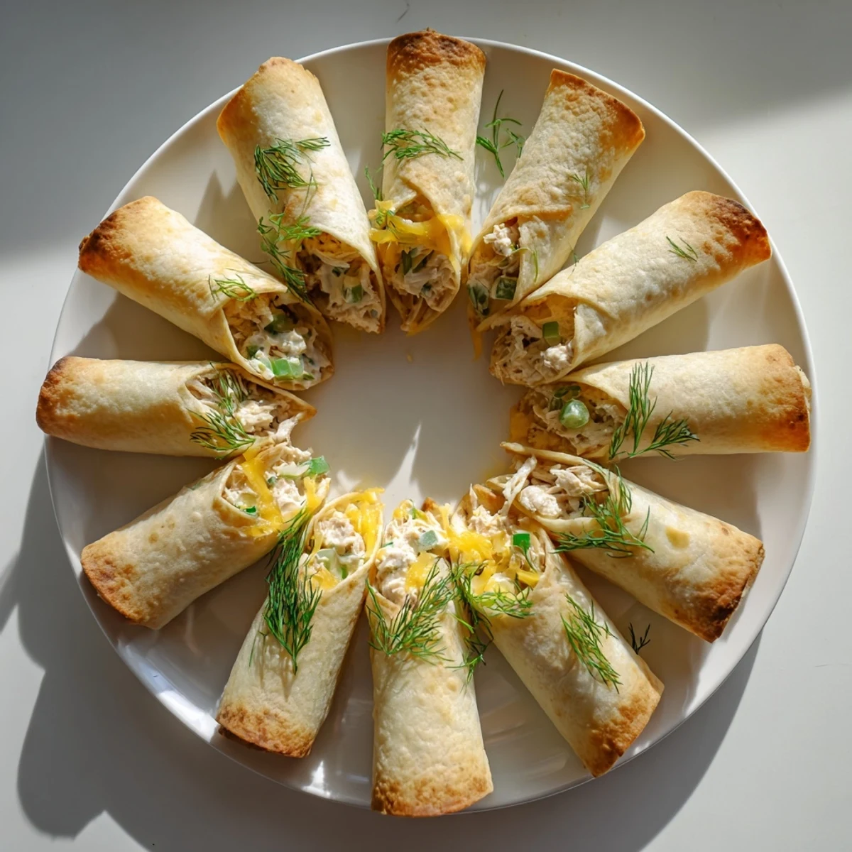 Golden-baked Dill Pickle Ranch Chicken Taquitos lined up on a parchment-lined tray, showing crispy tortilla shells filled with creamy chicken and green herbs.