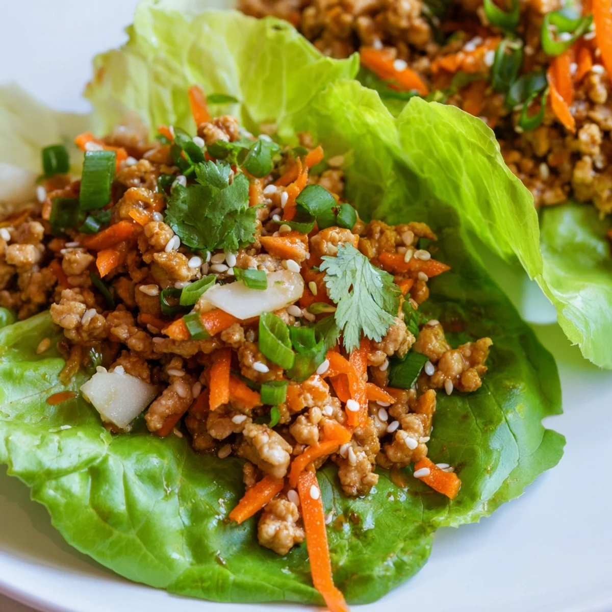 Golden sesame seeds and chopped cilantro garnish the savory filling inside green lettuce leaves, highlighting a delicious Potsticker Chicken Lettuce Boats main dish.