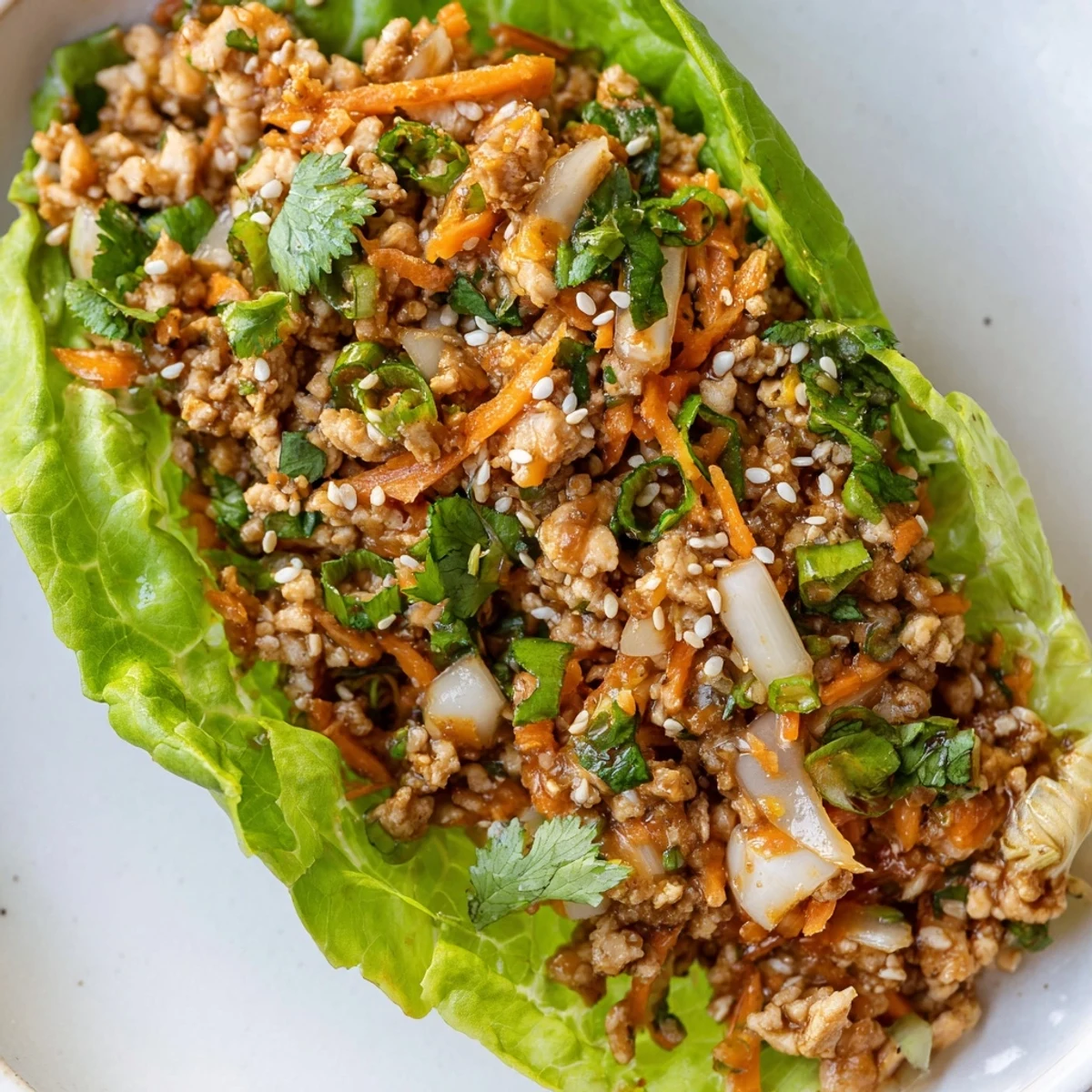 A close-up shows vibrant carrots and water chestnuts mixed into the savory chicken filling, served as an easy Potsticker Chicken Lettuce Boats meal.  
