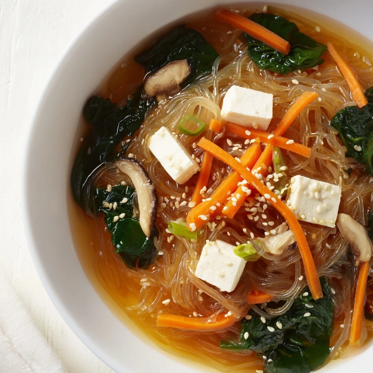 A close-up of Japanese Harusame Noodle Soup in a white bowl, showcasing glass noodles and sliced shiitake mushrooms.