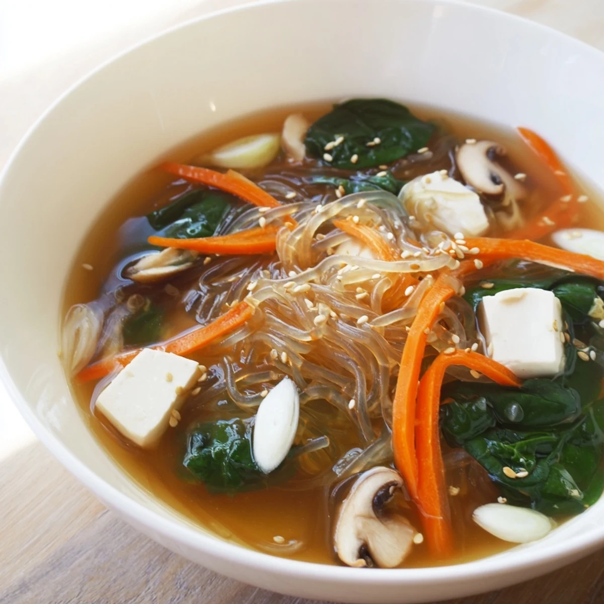 Steaming Japanese Harusame Noodle Soup served in a rustic ceramic bowl with julienned carrots and leafy greens.