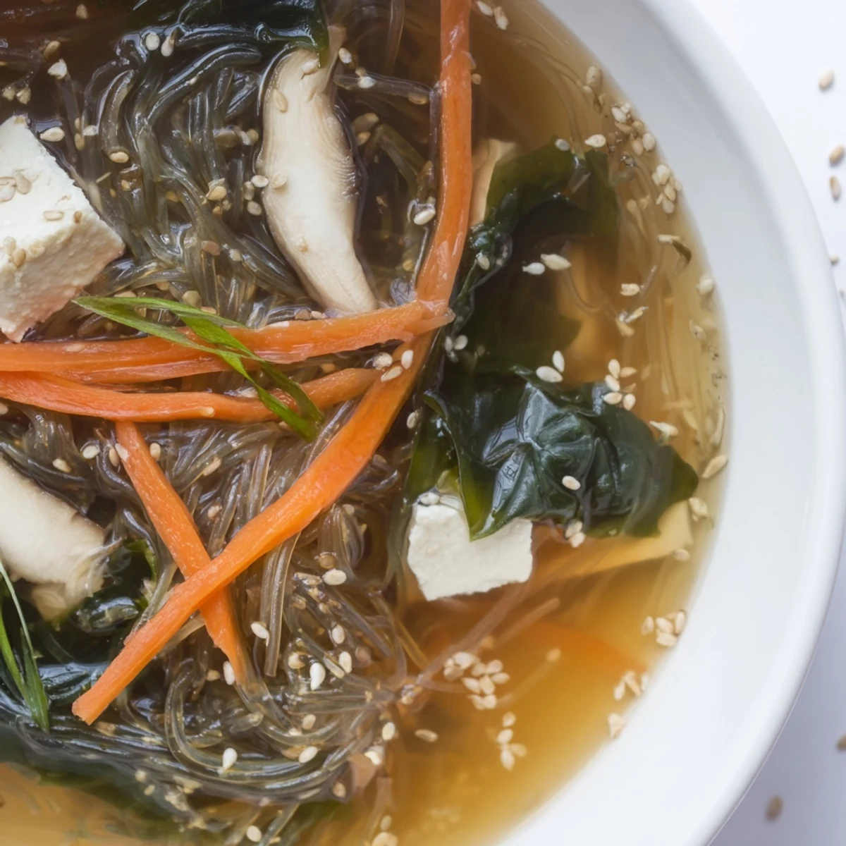 Delicate Japanese Harusame Noodle Soup garnished with sesame seeds and spring onions, ready for a comforting meal.
