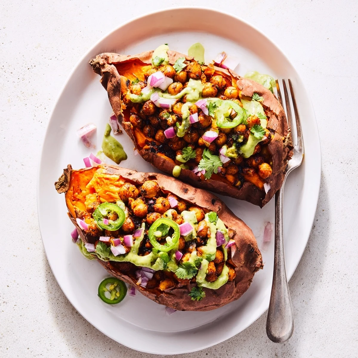 Vegan BBQ Chickpea Sweet Potatoes, oven roasted, garnished with fresh cilantro, jalapeño, and red onion.