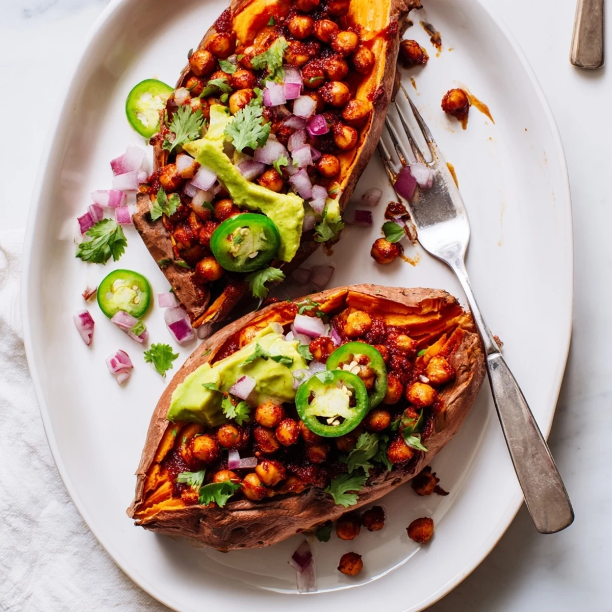 Cracked open roasted sweet potato, fluffy inside, loaded with chickpeas and avocado drizzle, Vegan BBQ Chickpea Sweet Potatoes.
